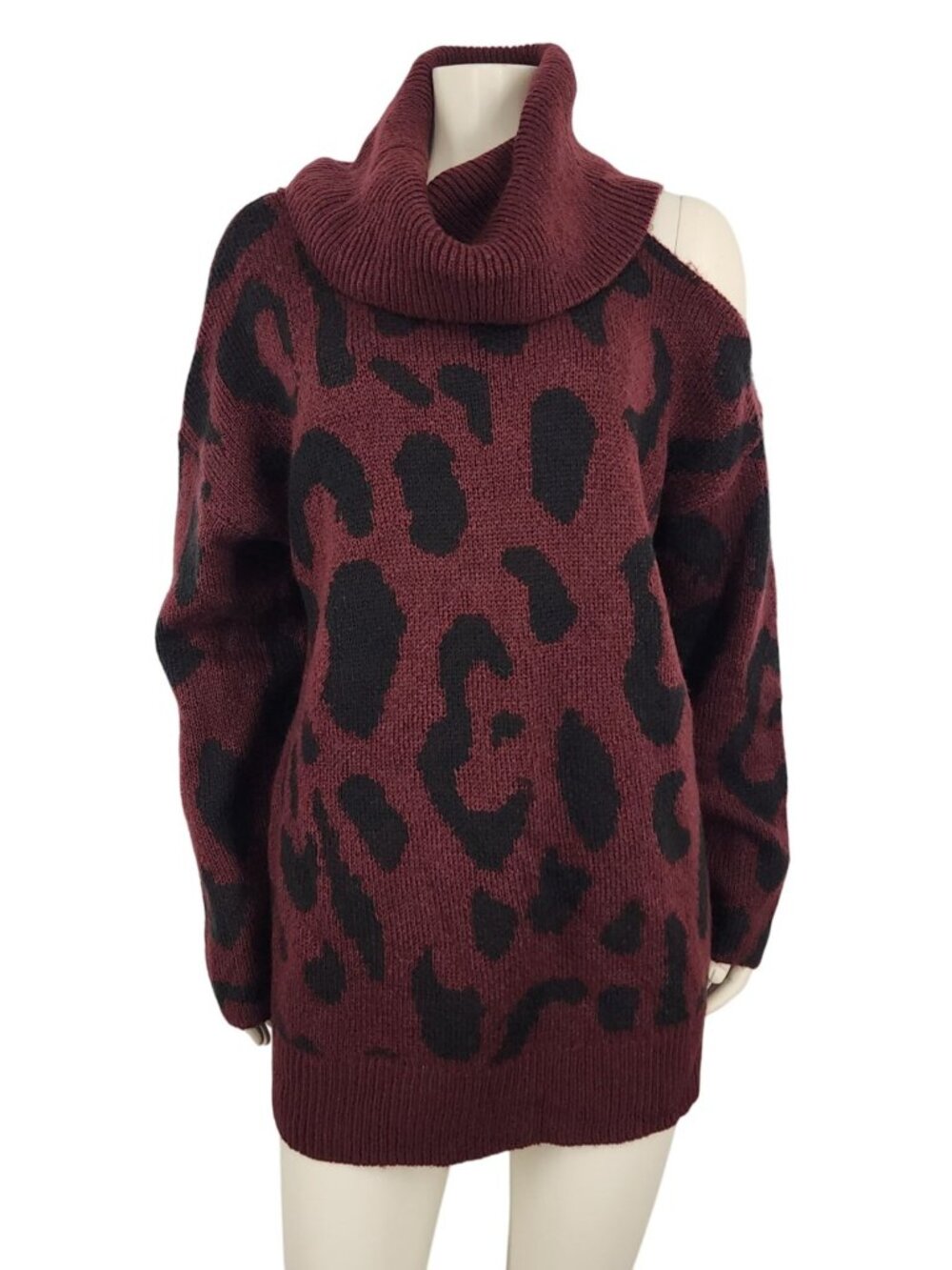 Women's Cato Maroon Black Leopard Cowl Neck One Cold Shoulder Sweater Medium